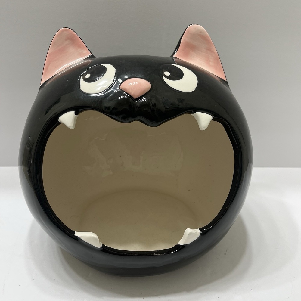Halloween Black Cat Candy Bowl Ceramic Black White Large